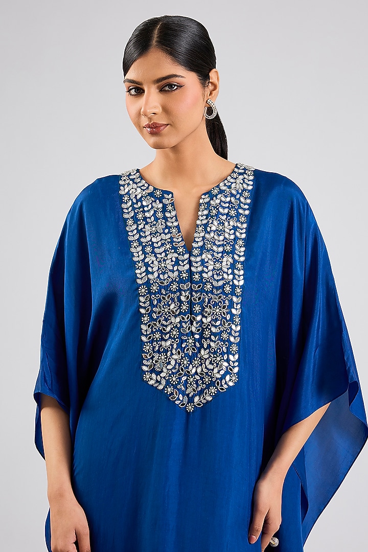 Peacock Blue Habutai Silk Embellished Kaftan by Seema Thukral at Pernia's Pop Up Shop