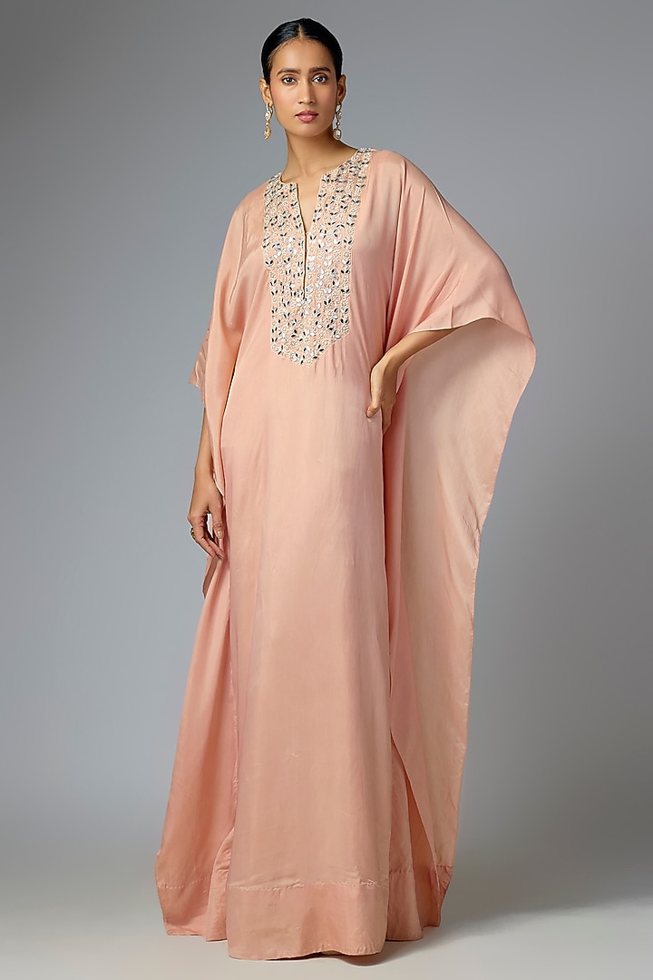 Dusty Pink Habutai Silk Embellished Kaftan by Seema Thukral at Pernia's Pop Up Shop