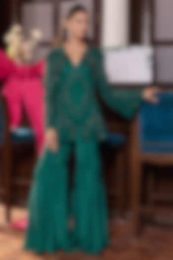 Emerald Green Habutai Silk Embellished Jacket Set by Seema Thukral at Pernia's Pop Up Shop