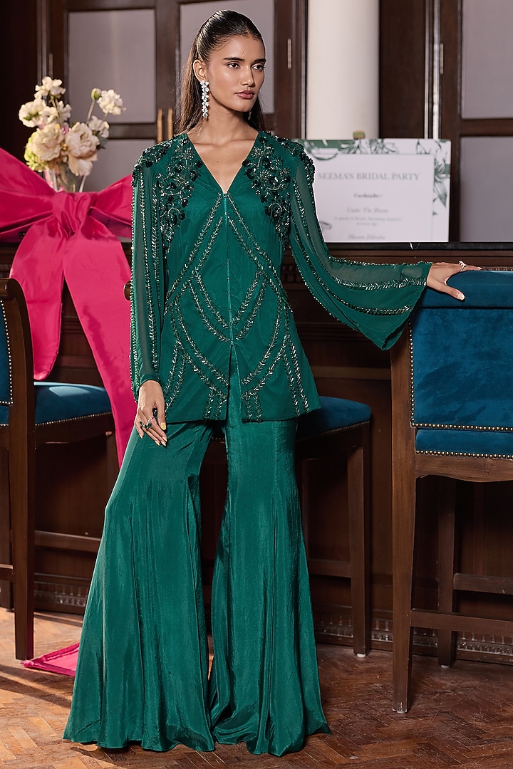 Emerald Green Habutai Silk Embellished Jacket Set by Seema Thukral at Pernia's Pop Up Shop