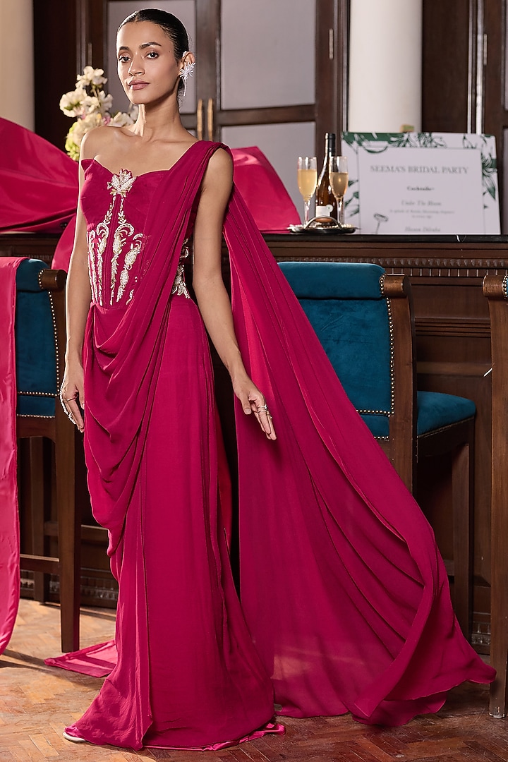 Berry Pink Georgette & Organza Embellished Concept Wedding Saree by Seema Thukral at Pernia's Pop Up Shop