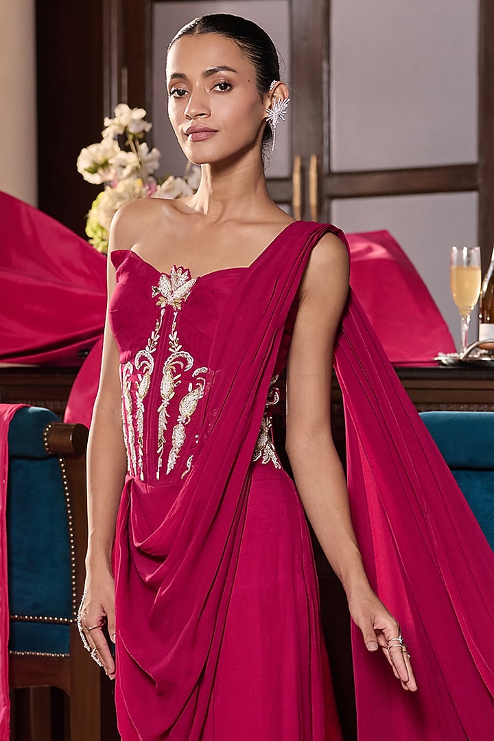 Berry Pink Georgette & Organza Embellished Concept Wedding Saree by Seema Thukral at Pernia's Pop Up Shop