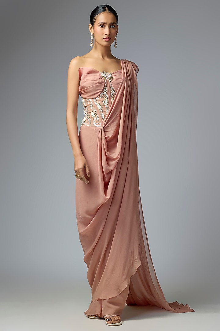 Champagne Georgette & Organza Embellished Concept Wedding Saree by Seema Thukral at Pernia's Pop Up Shop