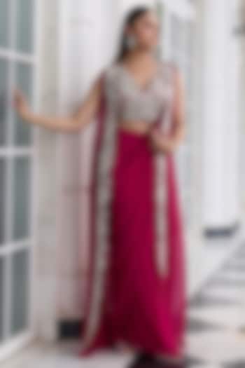 Berry Pink Georgette & Organza Pre-Draped Jacket Wedding Saree Set by Seema Thukral at Pernia's Pop Up Shop