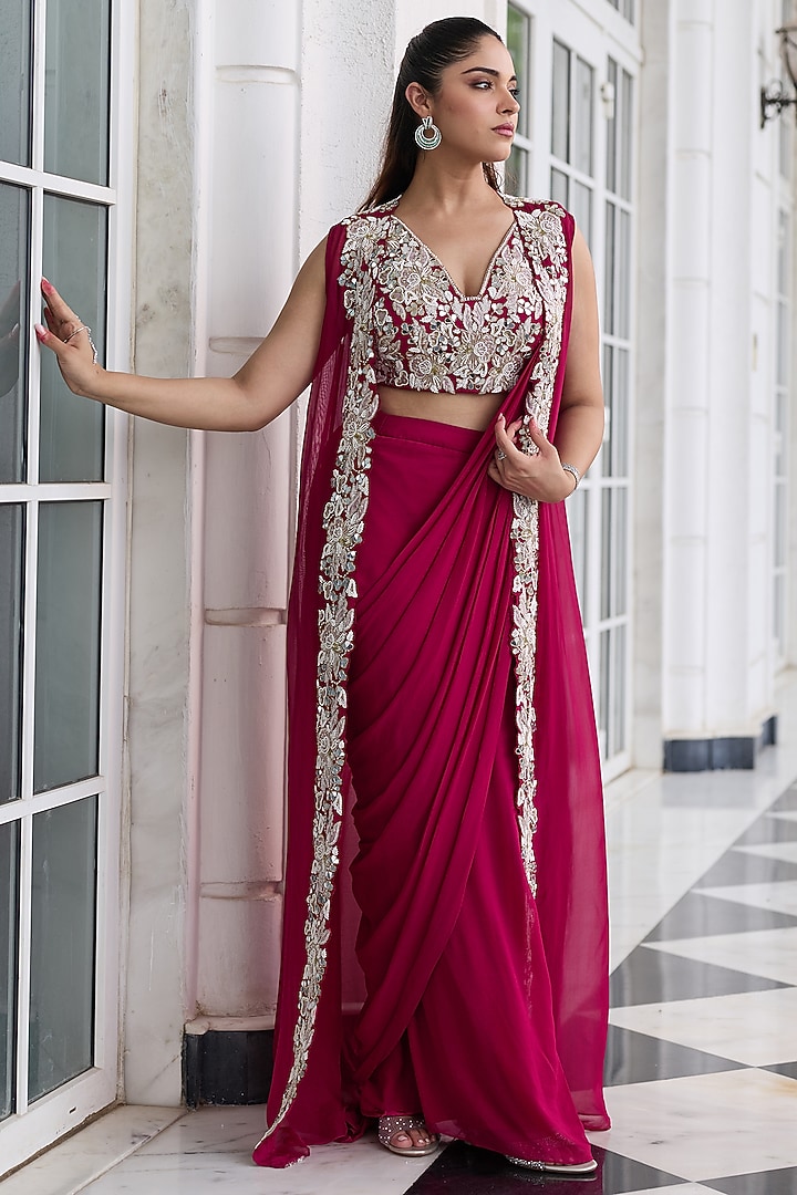 Berry Pink Georgette & Organza Pre-Draped Jacket Wedding Saree Set by Seema Thukral at Pernia's Pop Up Shop