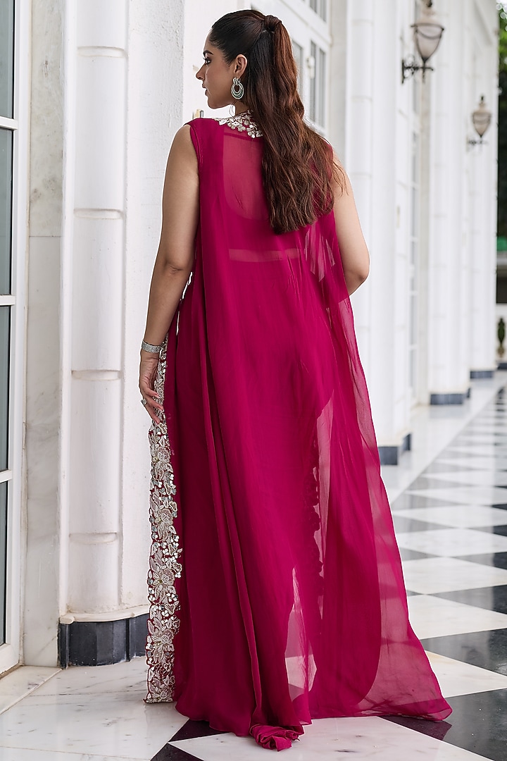 Berry Pink Georgette & Organza Pre-Draped Jacket Wedding Saree Set by Seema Thukral at Pernia's Pop Up Shop