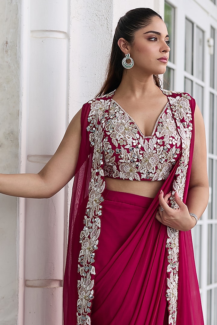 Berry Pink Georgette & Organza Pre-Draped Jacket Wedding Saree Set by Seema Thukral at Pernia's Pop Up Shop