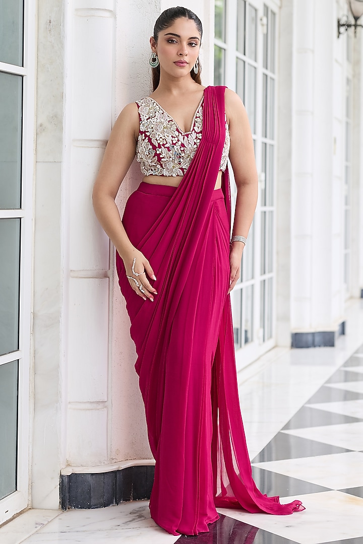 Berry Pink Georgette Pre-Stitched Wedding Saree Set by Seema Thukral at Pernia's Pop Up Shop