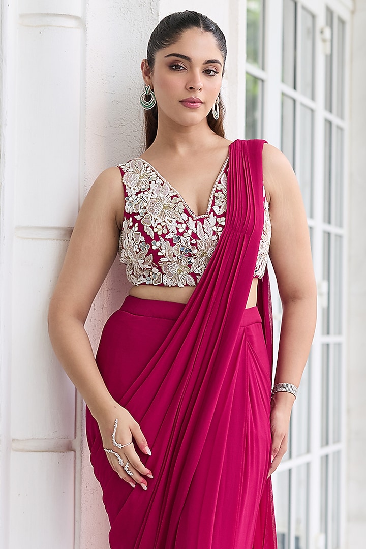 Berry Pink Georgette Pre-Stitched Wedding Saree Set by Seema Thukral at Pernia's Pop Up Shop
