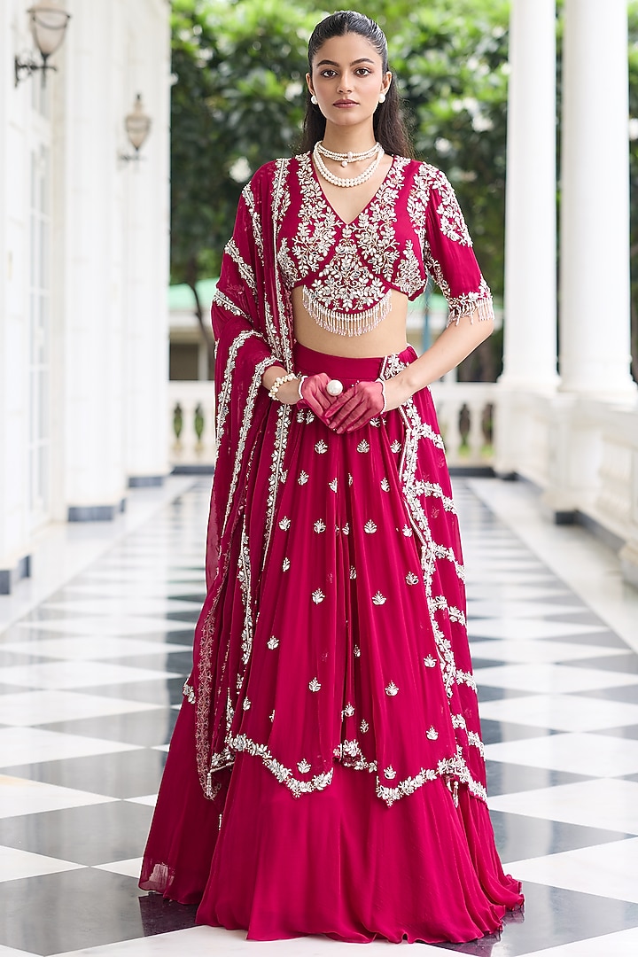 Berry Pink Georgette & Organza Embellished Wedding Lehenga Set by Seema Thukral at Pernia's Pop Up Shop
