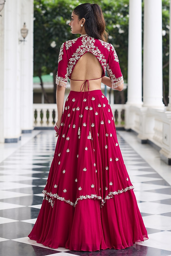 Berry Pink Georgette & Organza Embellished Wedding Lehenga Set by Seema Thukral at Pernia's Pop Up Shop