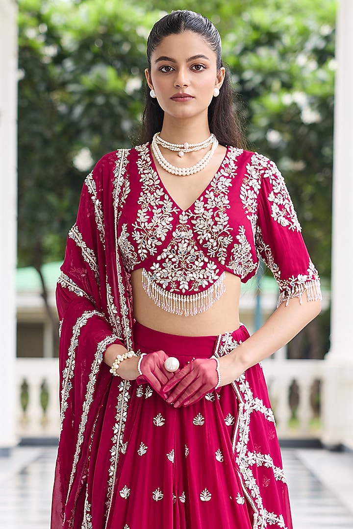 Berry Pink Georgette & Organza Embellished Wedding Lehenga Set by Seema Thukral at Pernia's Pop Up Shop