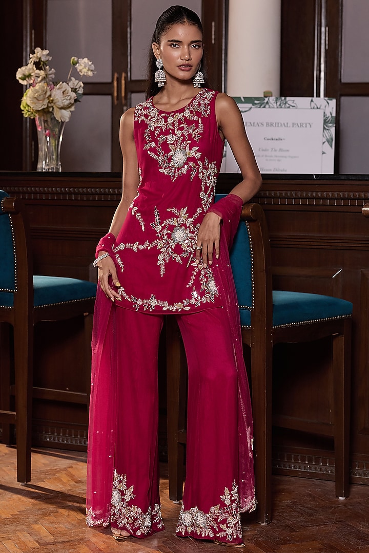 Berry Pink Organza & Georgette Embellished Kurta Set by Seema Thukral at Pernia's Pop Up Shop