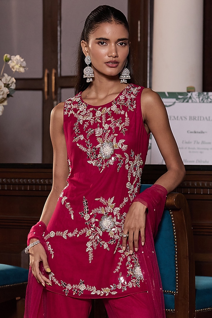 Berry Pink Organza & Georgette Embellished Kurta Set by Seema Thukral at Pernia's Pop Up Shop