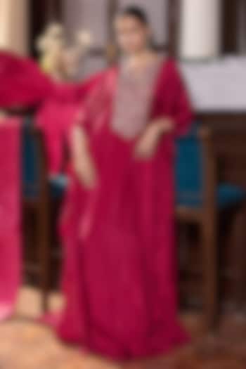 Berry Pink Habutai Silk Embellished Kaftan by Seema Thukral at Pernia's Pop Up Shop