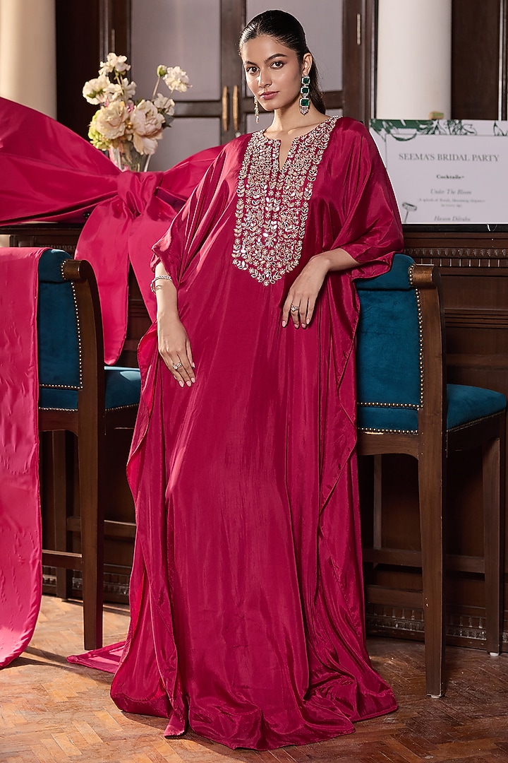 Berry Pink Habutai Silk Embellished Kaftan by Seema Thukral at Pernia's Pop Up Shop
