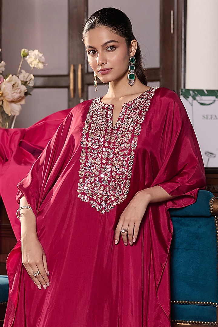 Berry Pink Habutai Silk Embellished Kaftan by Seema Thukral at Pernia's Pop Up Shop