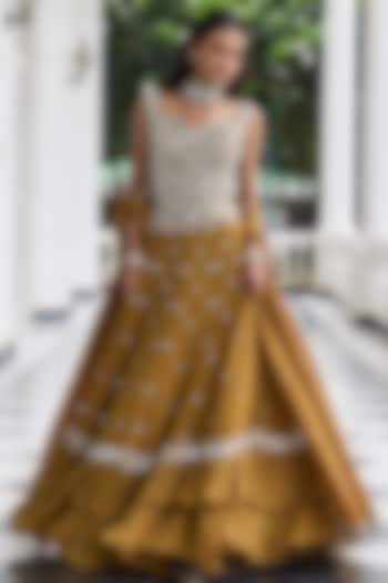 Brass Gold Georgette & Organza Embellished Wedding Lehenga Set by Seema Thukral at Pernia's Pop Up Shop