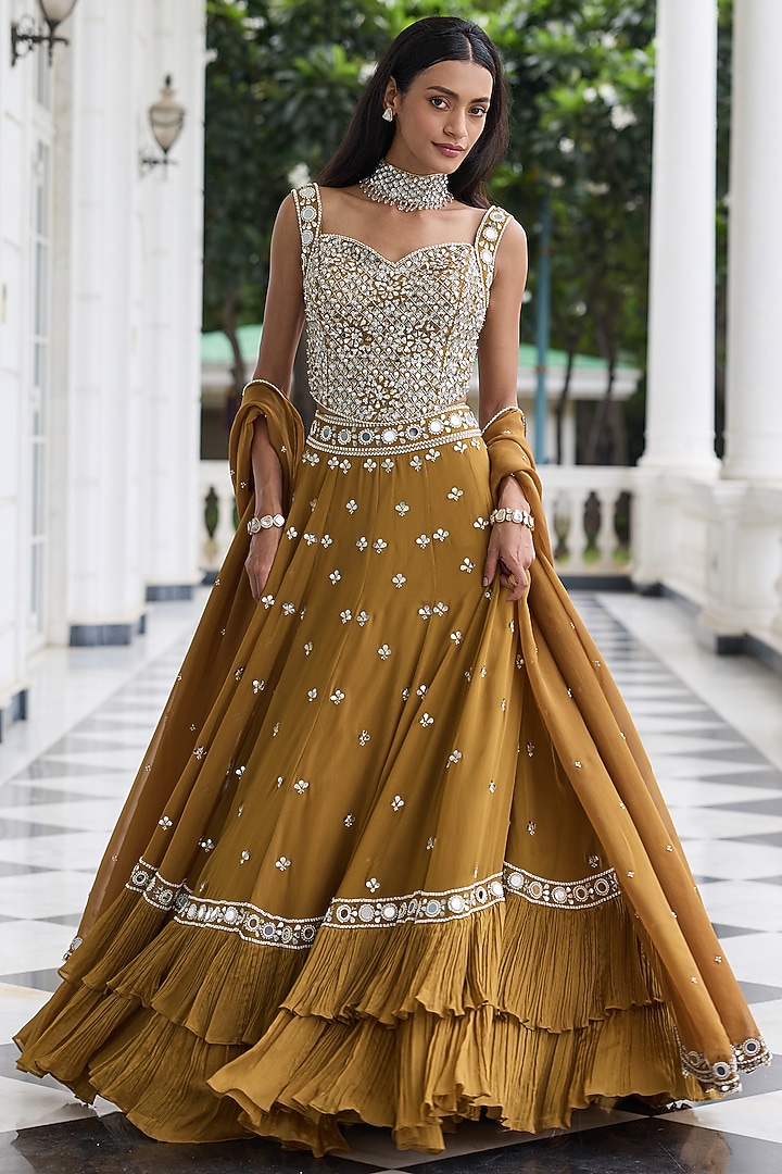 Brass Gold Georgette & Organza Embellished Wedding Lehenga Set by Seema Thukral at Pernia's Pop Up Shop