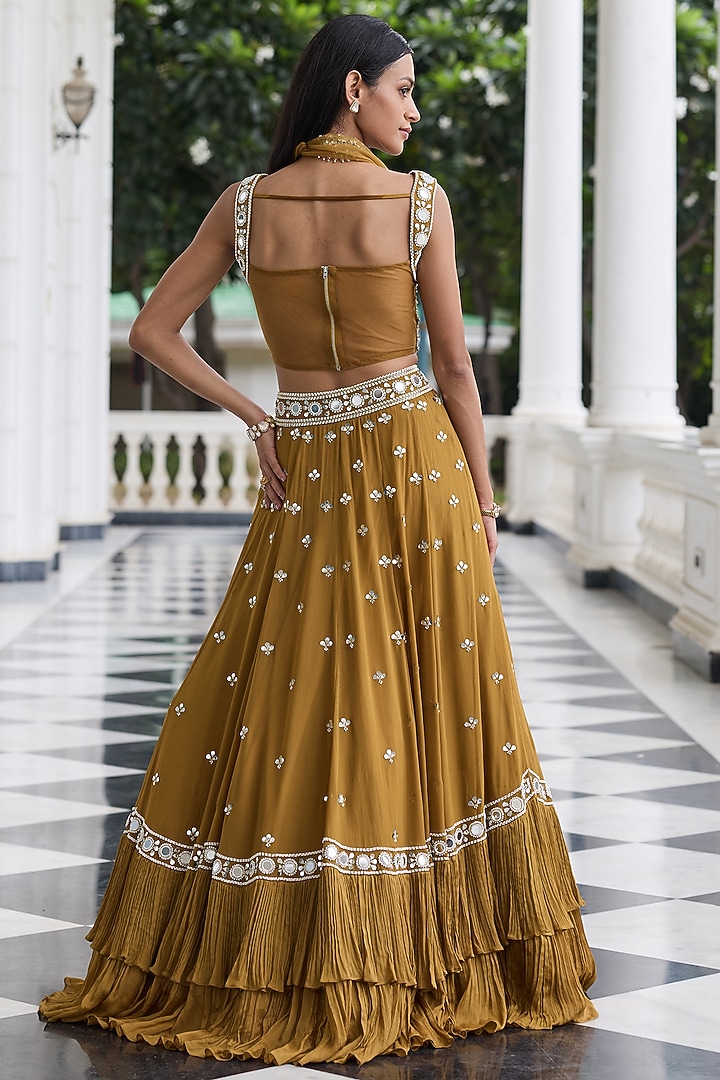 Brass Gold Georgette & Organza Embellished Wedding Lehenga Set by Seema Thukral at Pernia's Pop Up Shop