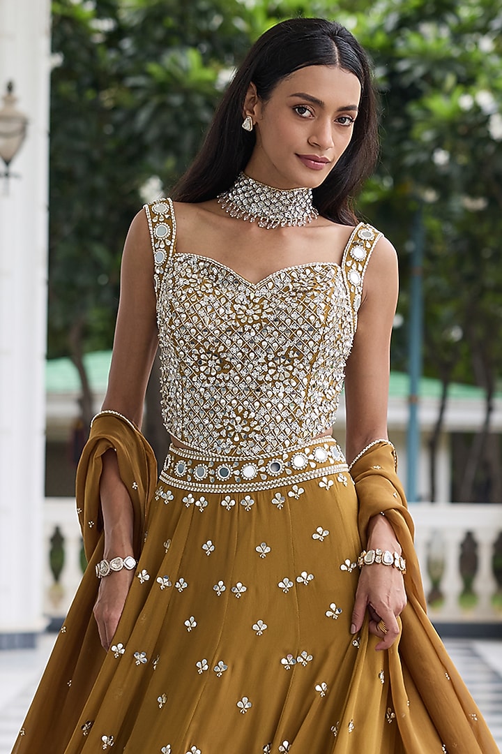 Brass Gold Georgette & Organza Embellished Wedding Lehenga Set by Seema Thukral at Pernia's Pop Up Shop