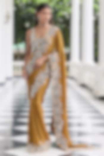 Brass Gold Georgette Embellished Pre-Stitched Wedding Saree Set by Seema Thukral at Pernia's Pop Up Shop