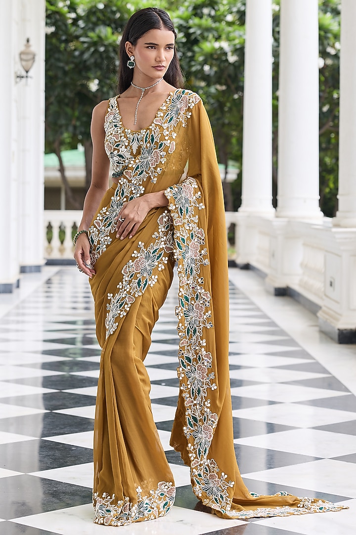 Brass Gold Georgette Embellished Pre-Stitched Wedding Saree Set by Seema Thukral at Pernia's Pop Up Shop