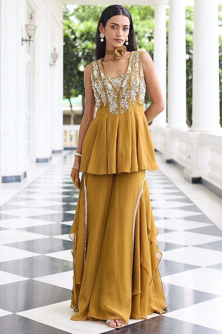 Brass Gold Organza Gharara Set by Seema Thukral at Pernia's Pop Up Shop