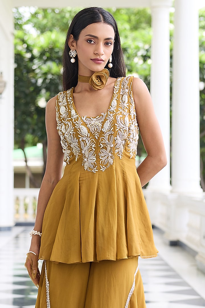 Brass Gold Organza Gharara Set by Seema Thukral at Pernia's Pop Up Shop
