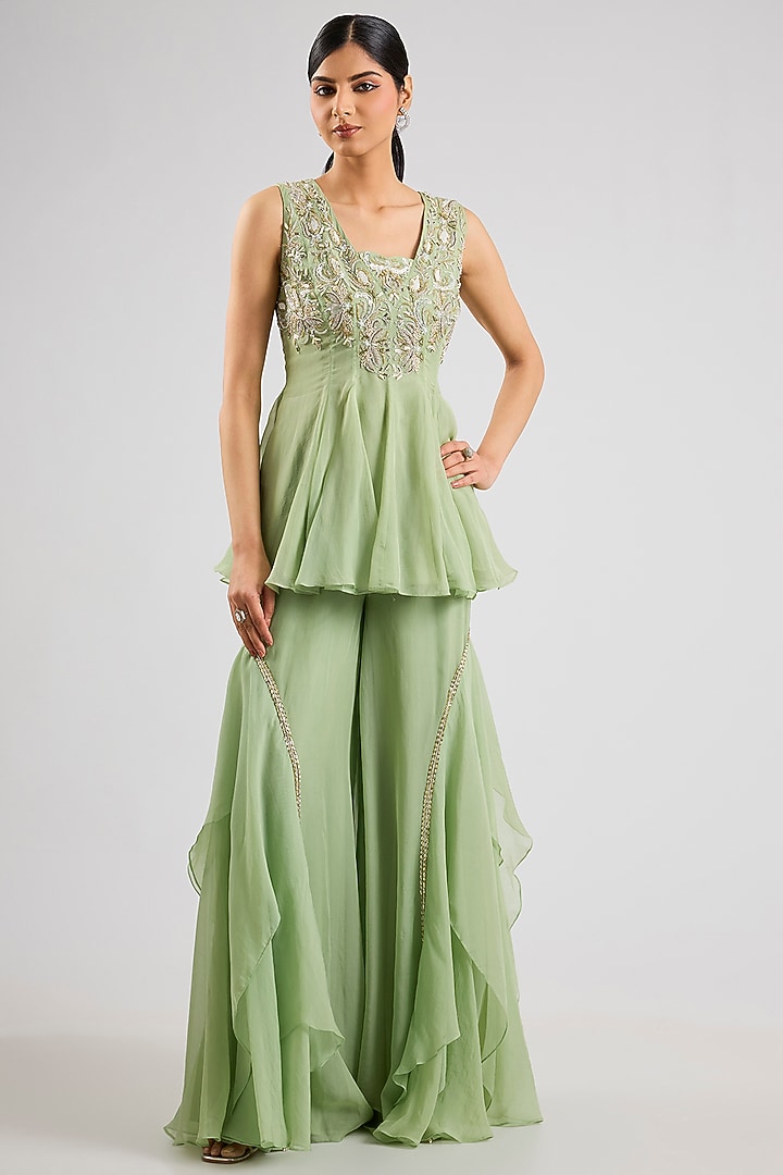 Mint Organza Embellished Wedding Sharara Set by Seema Thukral at Pernia's Pop Up Shop