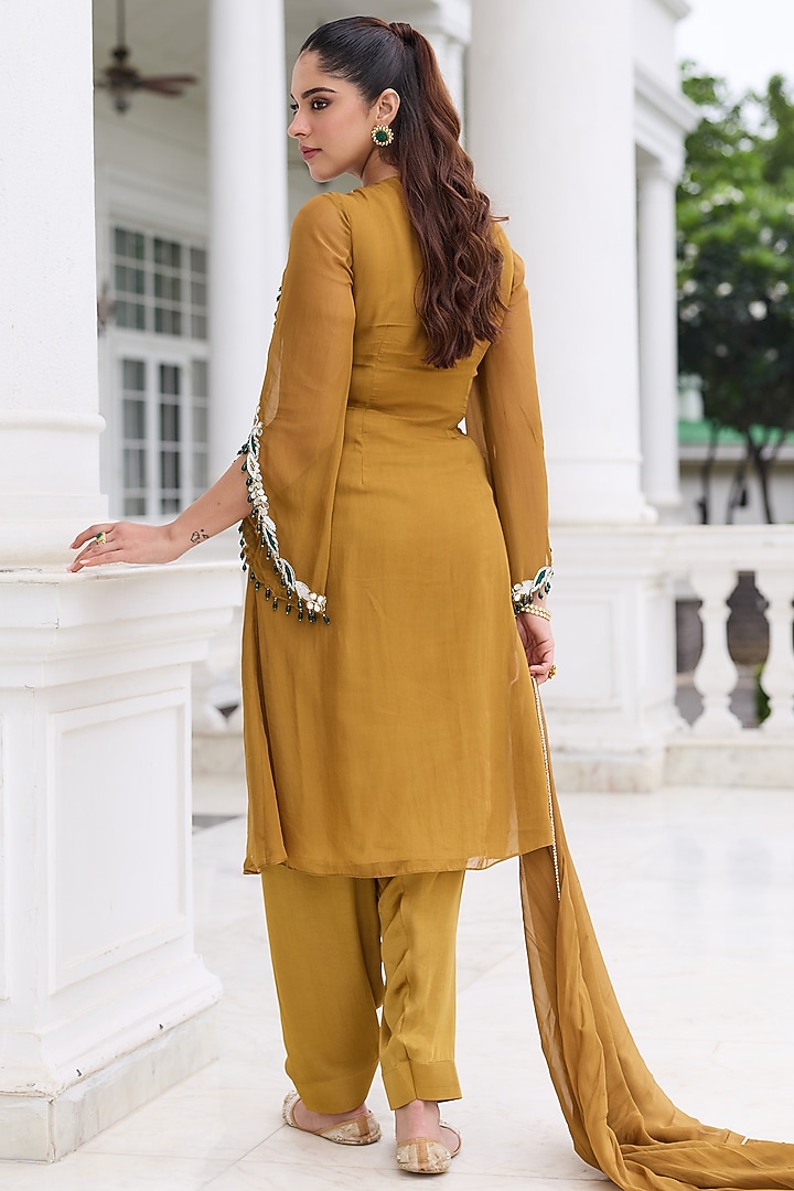 Brass Gold Satin Embellished Kurta Set by Seema Thukral at Pernia's Pop Up Shop