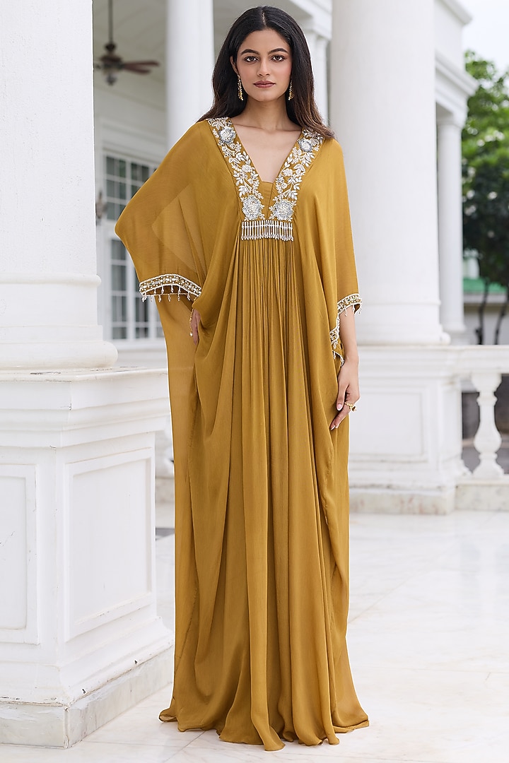 Brass Gold Chiffon Embellished Kaftan by Seema Thukral at Pernia's Pop Up Shop