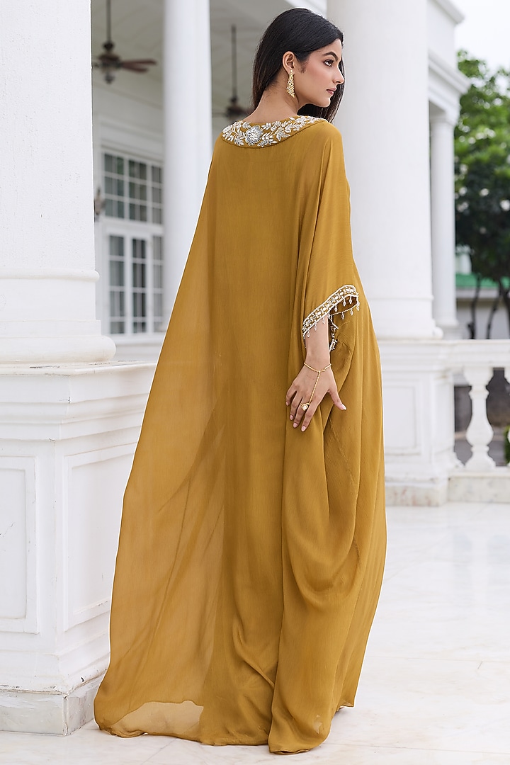 Brass Gold Chiffon Embellished Kaftan by Seema Thukral at Pernia's Pop Up Shop