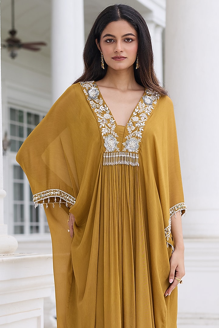 Brass Gold Chiffon Embellished Kaftan by Seema Thukral at Pernia's Pop Up Shop