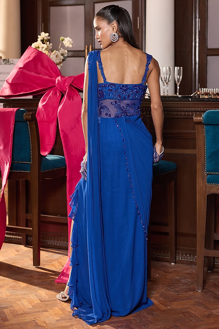 Electric Blue Georgette & Net Embellished Concept Wedding Saree by Seema Thukral at Pernia's Pop Up Shop