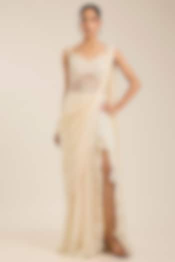 Ivory Georgette & Net Embellished Concept Wedding Saree by Seema Thukral at Pernia's Pop Up Shop