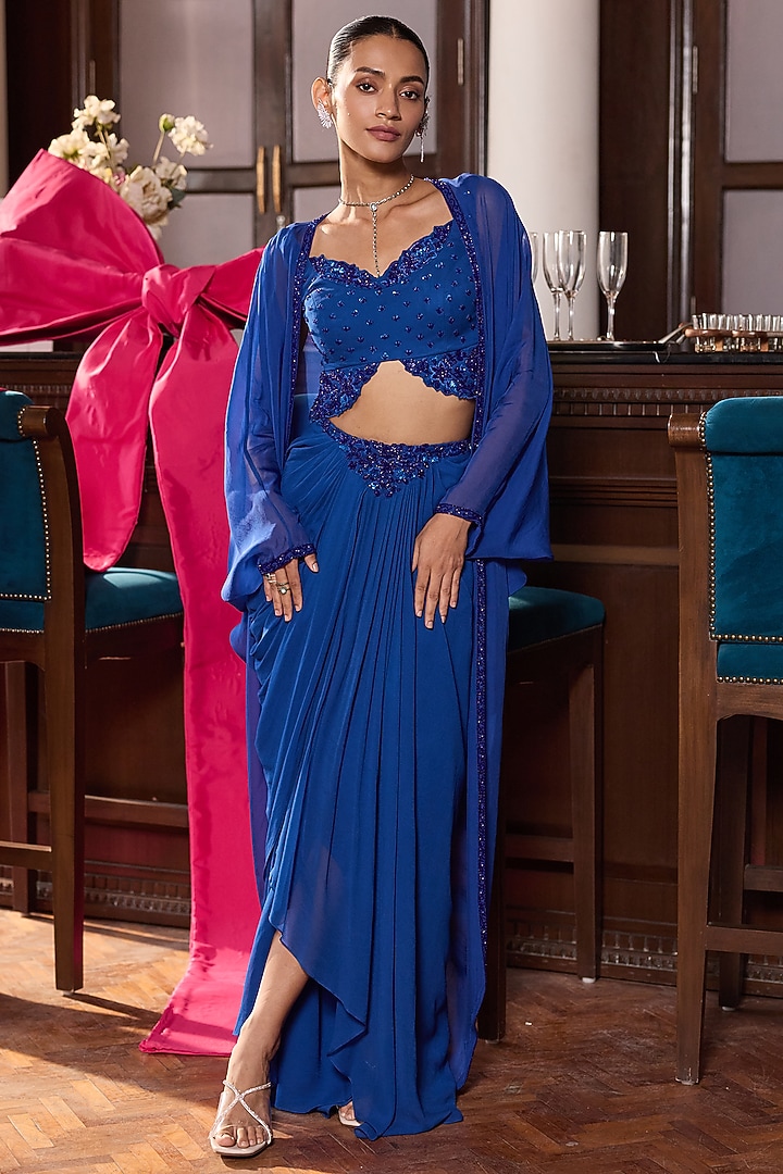 Electric Blue Georgette Draped Skirt Set by Seema Thukral at Pernia's Pop Up Shop