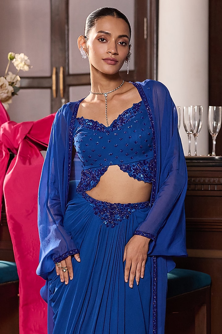 Electric Blue Georgette Draped Skirt Set by Seema Thukral at Pernia's Pop Up Shop