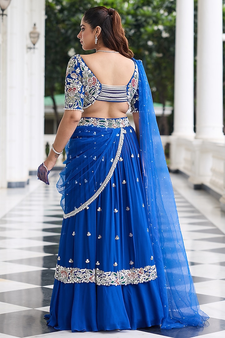 Electric Blue Georgette Embellished Wedding Lehenga Set by Seema Thukral at Pernia's Pop Up Shop