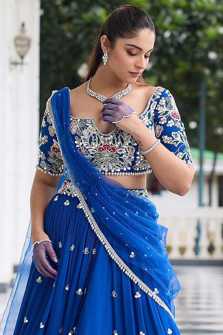 Electric Blue Georgette Embellished Wedding Lehenga Set by Seema Thukral at Pernia's Pop Up Shop