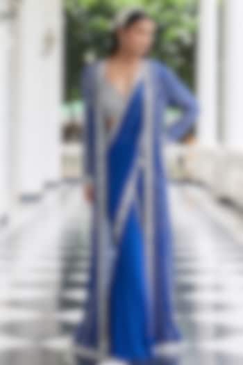 Electric Blue Georgette Embellished Draped Wedding Saree Set by Seema Thukral at Pernia's Pop Up Shop