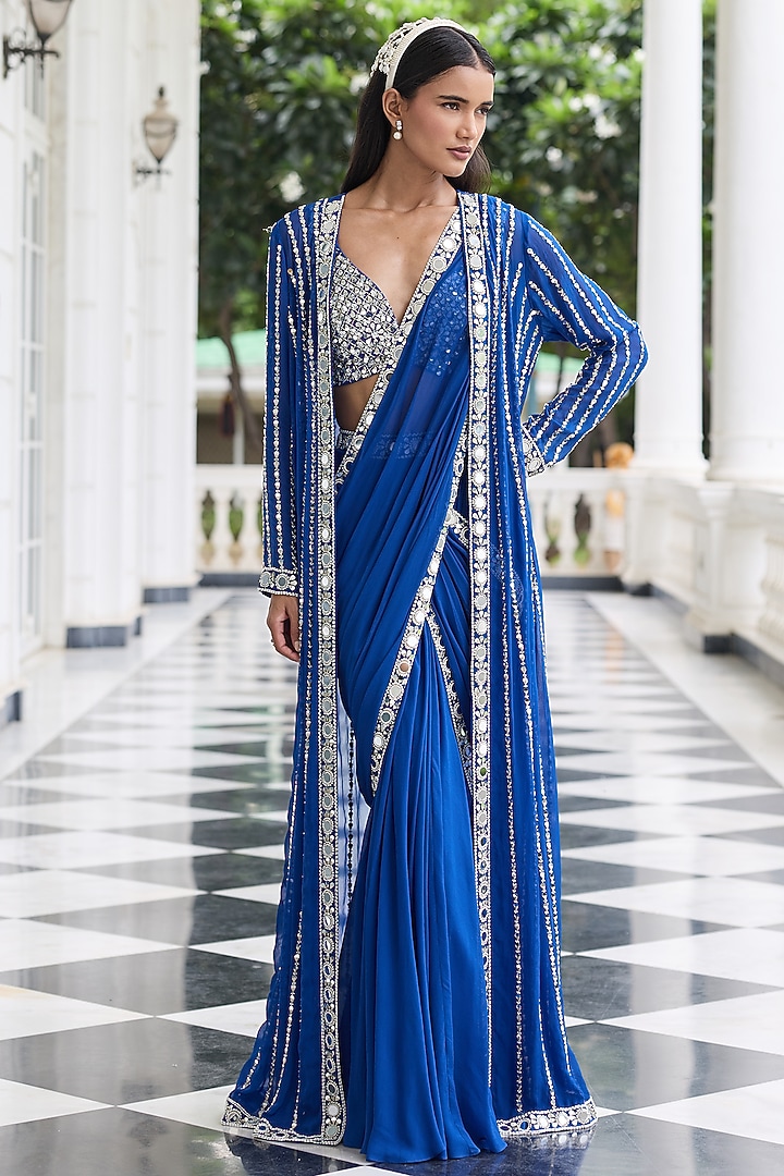 Electric Blue Georgette Embellished Draped Wedding Saree Set by Seema Thukral at Pernia's Pop Up Shop