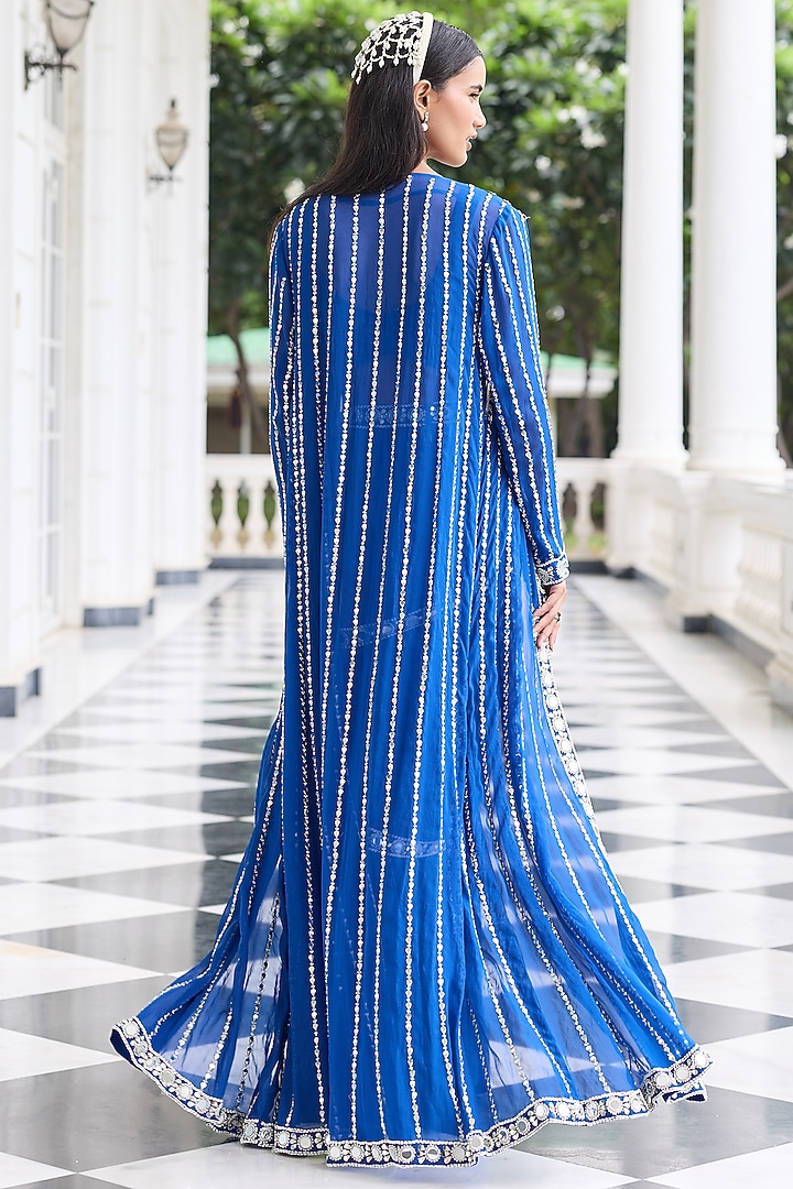 Electric Blue Georgette Embellished Draped Wedding Saree Set by Seema Thukral at Pernia's Pop Up Shop