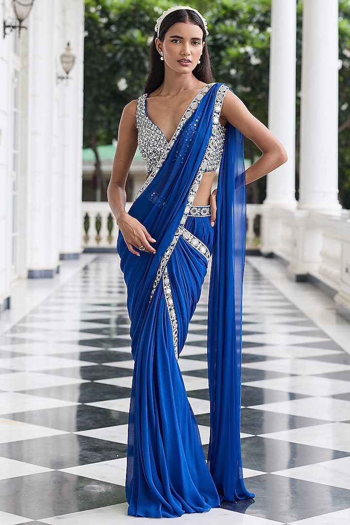 Electric Blue Georgette Embellished Draped Wedding Saree Set by Seema Thukral at Pernia's Pop Up Shop