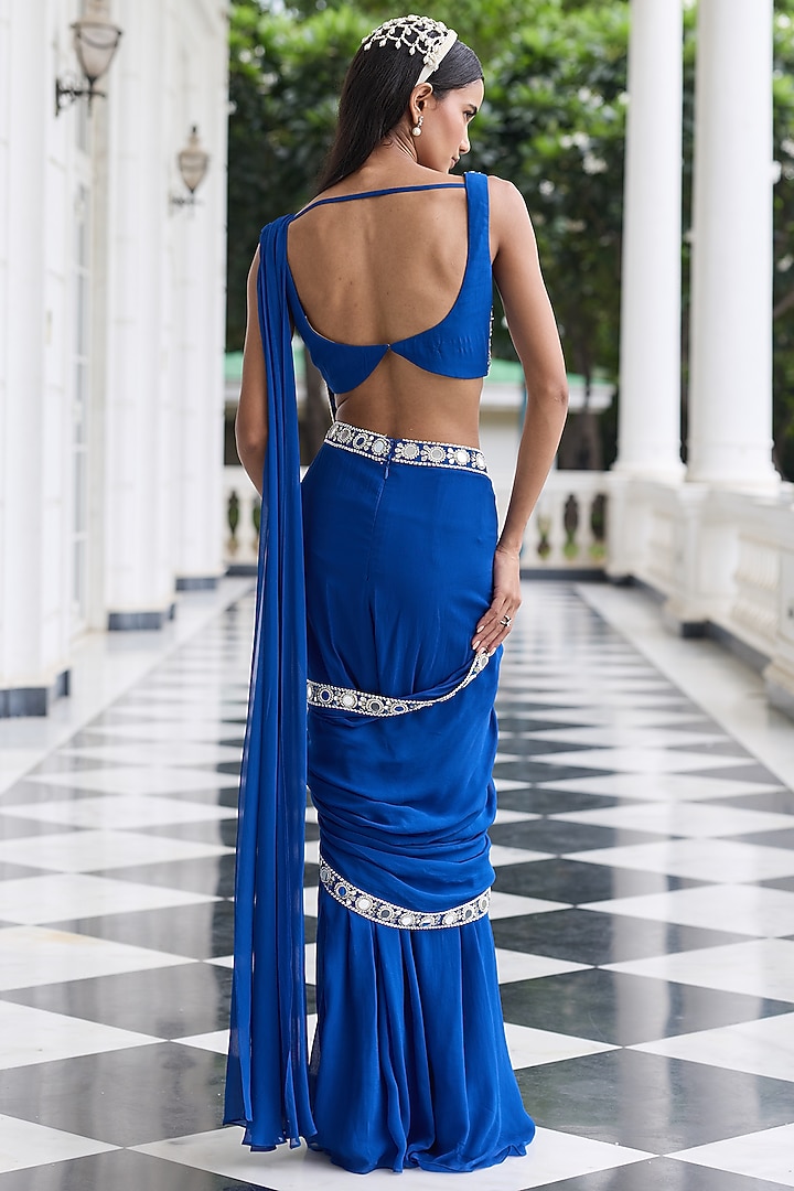 Electric Blue Georgette Embellished Draped Wedding Saree Set by Seema Thukral at Pernia's Pop Up Shop