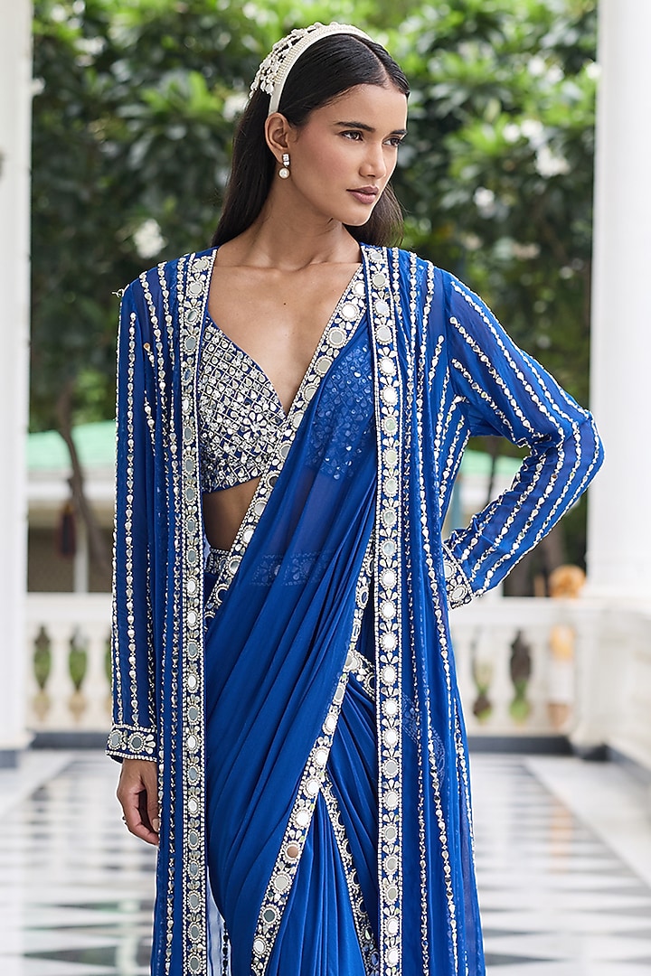 Electric Blue Georgette Embellished Draped Wedding Saree Set by Seema Thukral at Pernia's Pop Up Shop