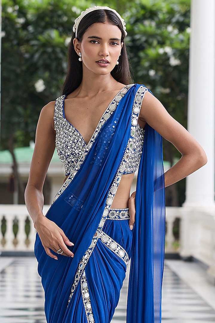 Electric Blue Georgette Embellished Draped Wedding Saree Set by Seema Thukral at Pernia's Pop Up Shop