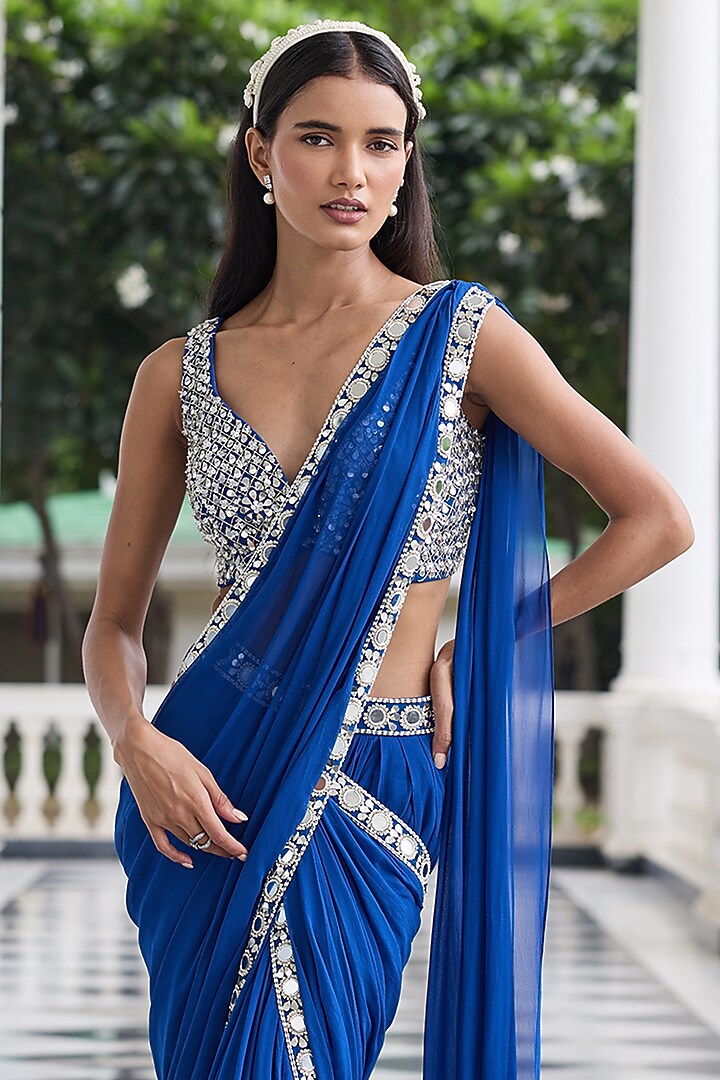 Electric Blue Georgette Embellished Draped Wedding Saree Set by Seema Thukral at Pernia's Pop Up Shop