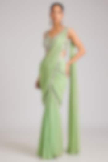 Mint Green Georgette Embellished Pre-Stitched Wedding Saree by Seema Thukral at Pernia's Pop Up Shop