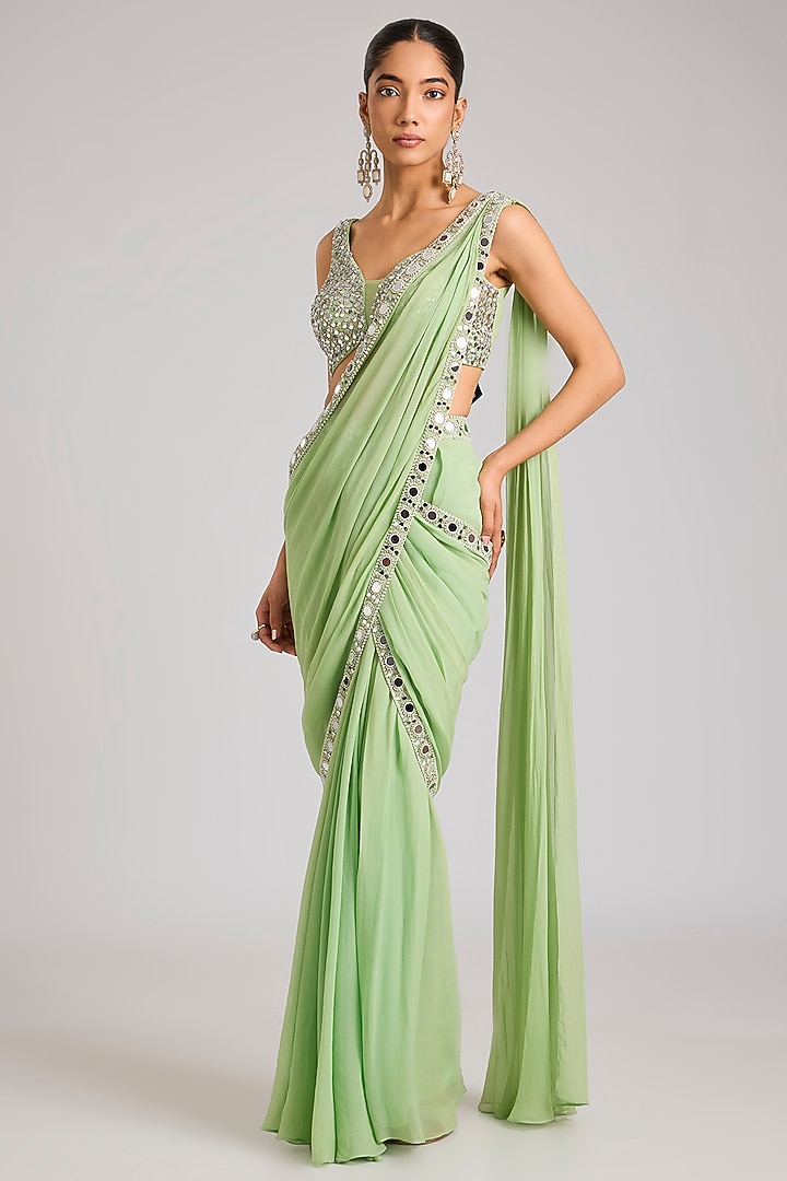Mint Green Georgette Embellished Pre-Stitched Wedding Saree by Seema Thukral at Pernia's Pop Up Shop